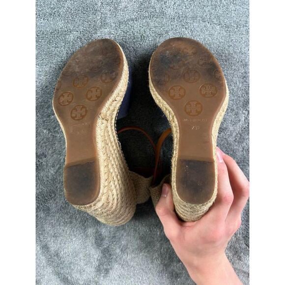 Tory Burch Macy Linen Espadrille Wedge Sandals Sz 7B Blue Twist Knot Ankle Strap - Picture 9 of 11